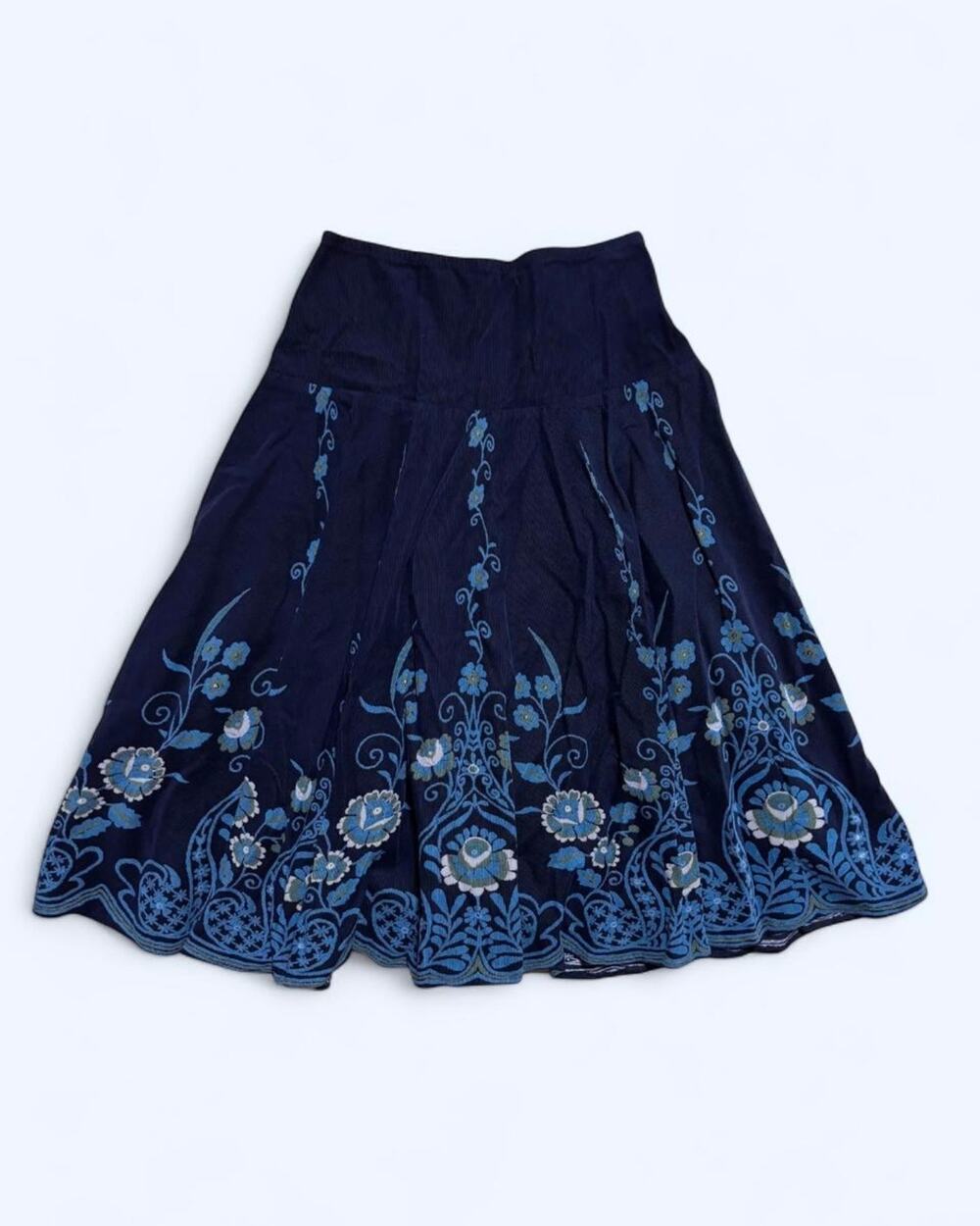 Vtg Y2K CMD Black Corduroy Ruffle Midi Skirt Blue Silver Sparkly Floral Print